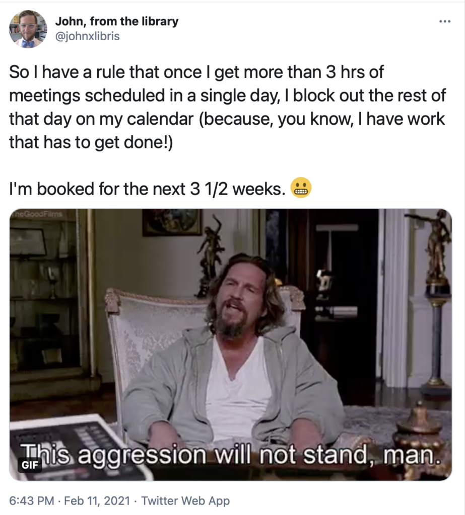 Twitter post from the author showing scene from The Big Lebowski that reads "This aggression will not stand, man."