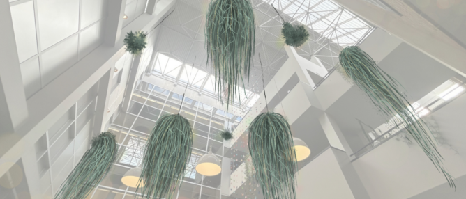 rendering of large moss hanging from ceiling of a large room