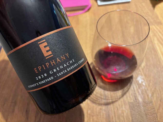 Bottle of Epiphany 2020 Grenache and wine glass