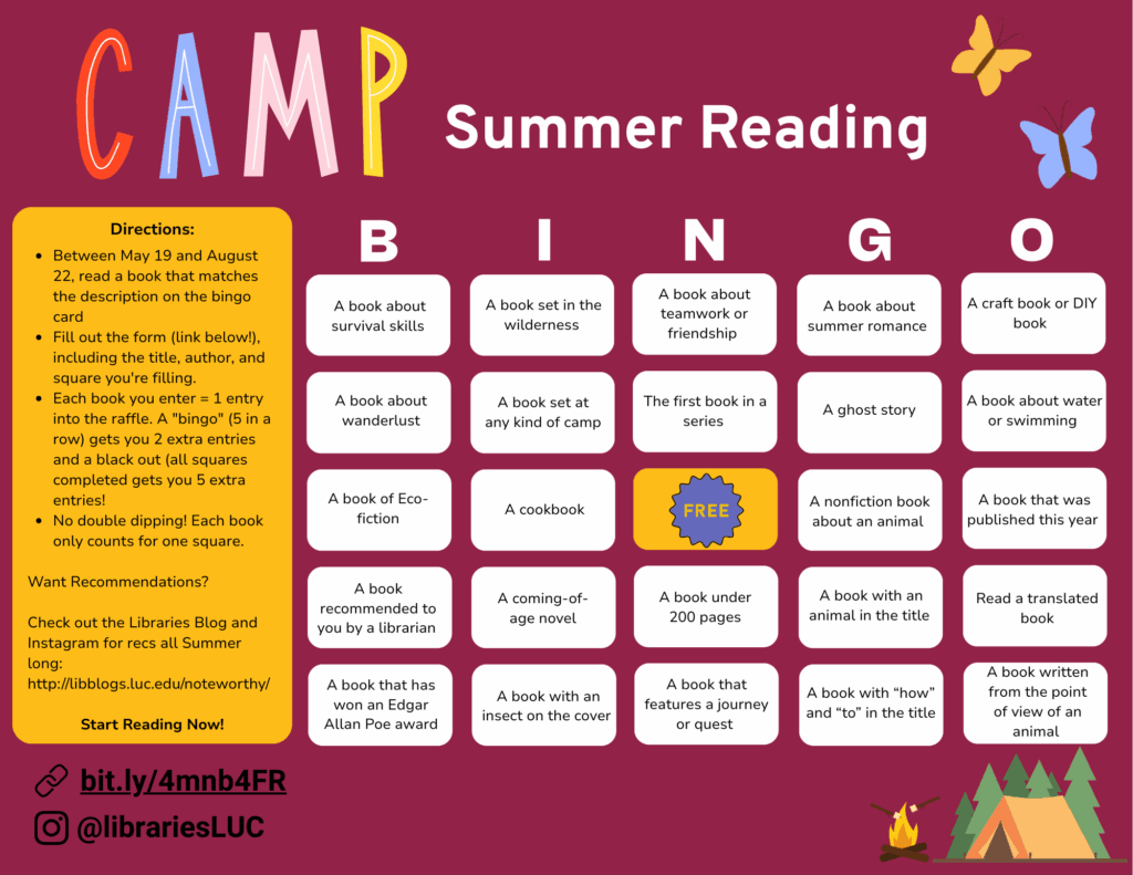 Bingo card with reading-themed options