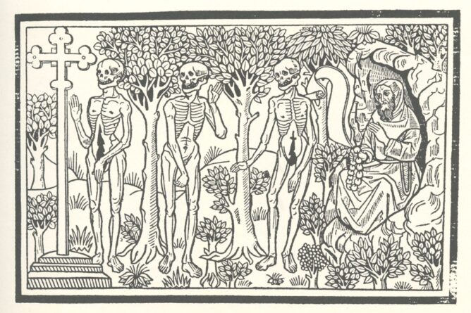 illustration of the dance macabre with skeletons