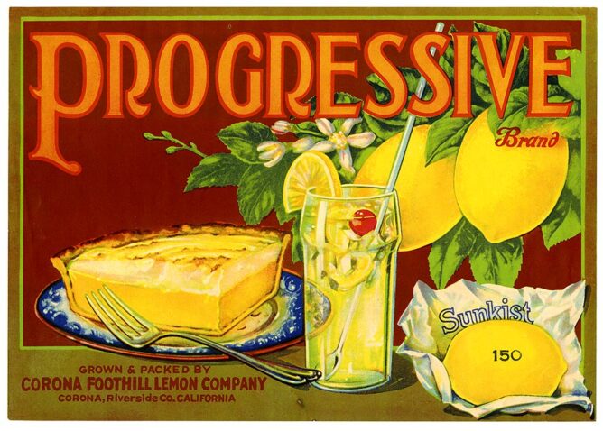 ad for progressive brand lemons, with lemon pie, lemonade, and lemons