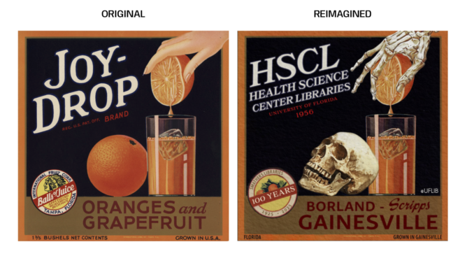 orange label for "Joy Drop" next to version created for UF Health Libraries