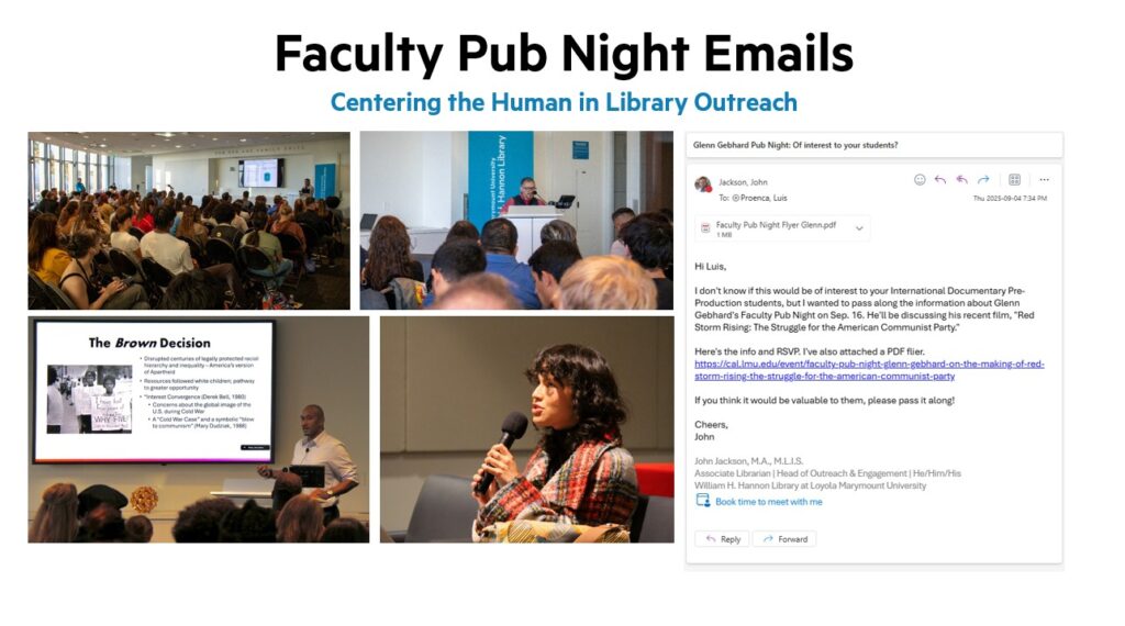photos of students listening to a speaker; the speaker at the podium; and a copy of the email invitation