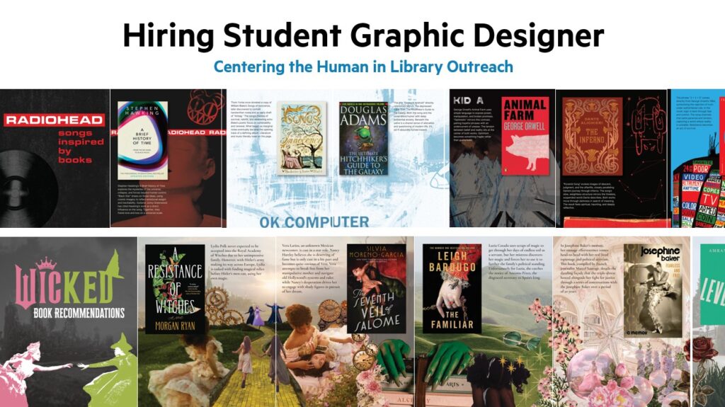 carousel of images, the first showing Radiohead covers with book recommendations and the second showing Wicked-inspired collage with book recommendations